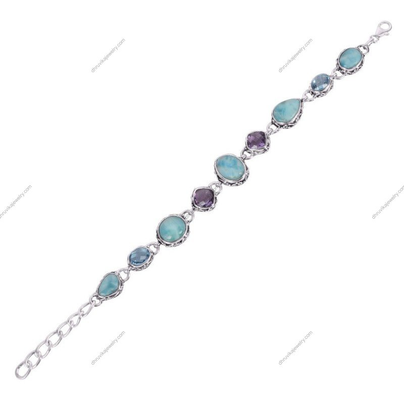 Sterling silver larimar, amethyst & blue topaz bracelet with vintage-style settings – Elegant adjustable gemstone jewelry alternate_image