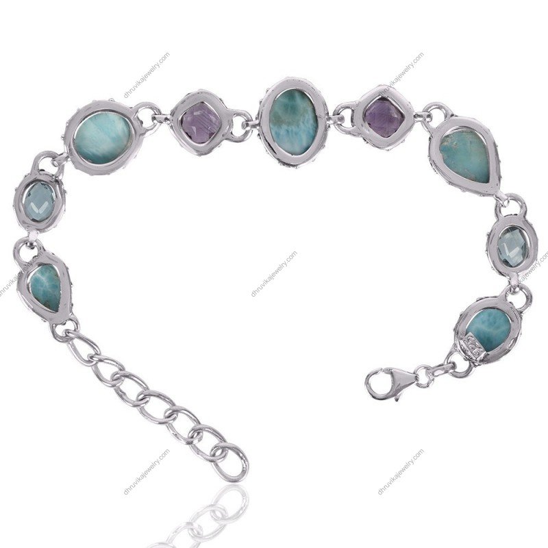 Sterling silver larimar, amethyst & blue topaz bracelet with vintage-style settings – Elegant adjustable gemstone jewelry view1