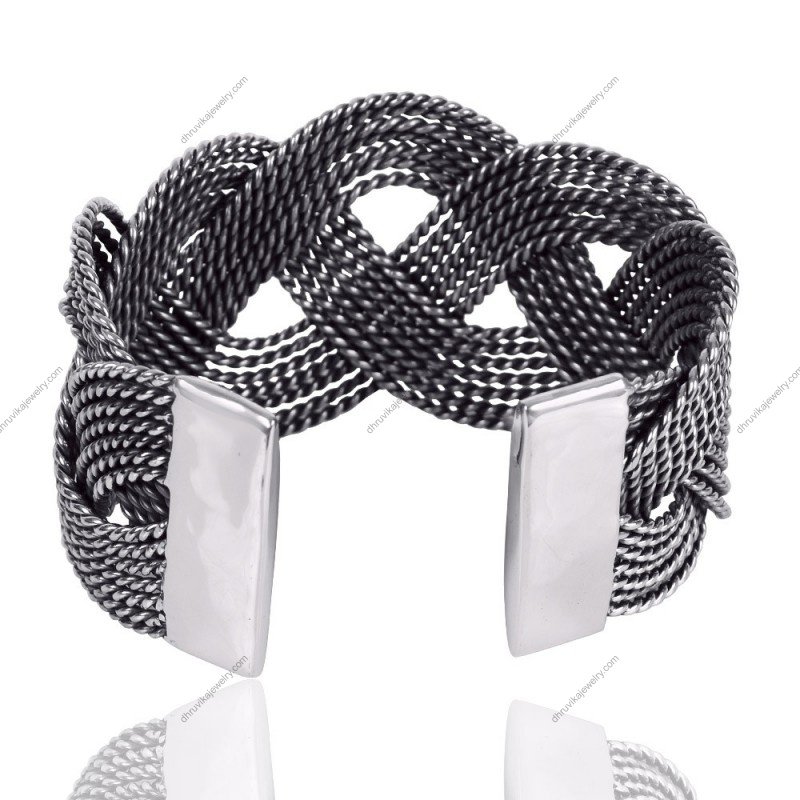 Oxidized sterling silver woven cuff bracelet with intricate braided design – Bold and adjustable statement jewelry view1
