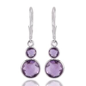 Silver amethyst drop earrings with sterling silver setting and lever-back closure main view