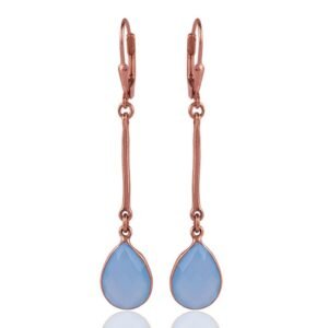 Rose gold and blue chalcedony dangle earrings with faceted teardrop gemstone main view