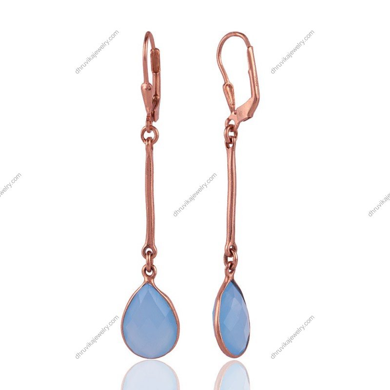 Rose gold and blue chalcedony dangle earrings with faceted teardrop gemstone view1