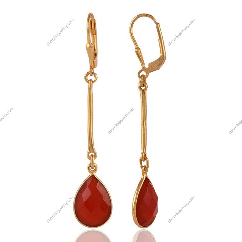 Elegant silver carnelian dangle earrings with gold-plated finish and faceted gemstone drop view1
