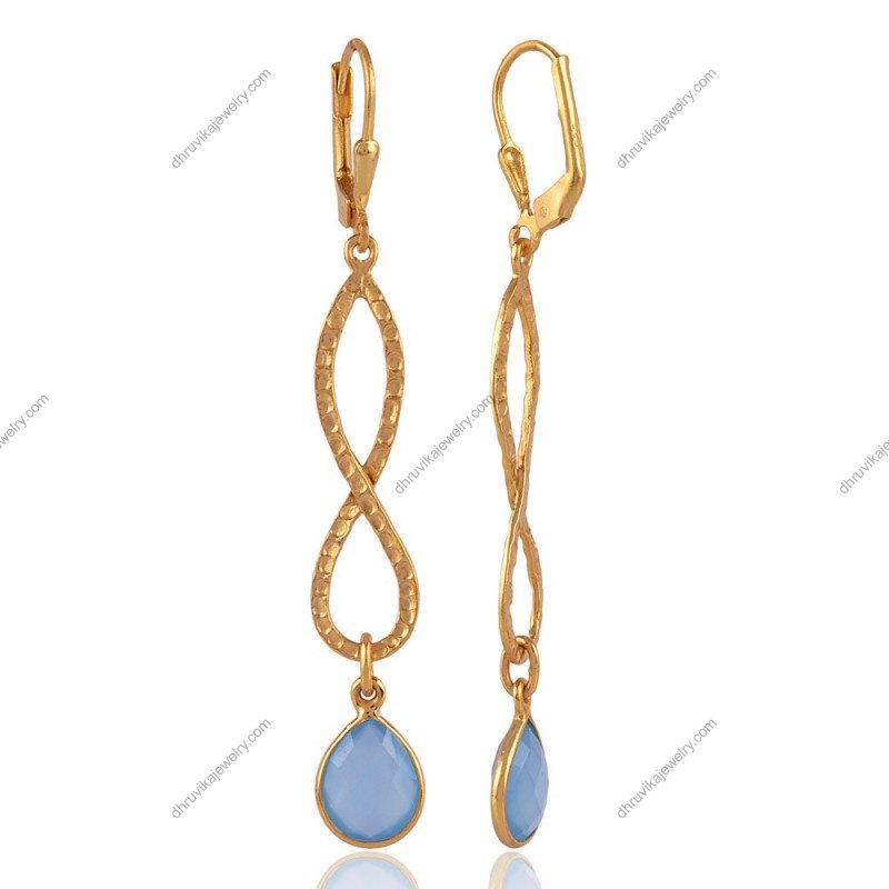 Elegant silver blue chalcedony dangle earrings with hammered infinity design view1