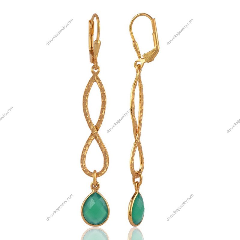 Elegant silver green onyx earrings with infinity-inspired design and gemstone drop view1