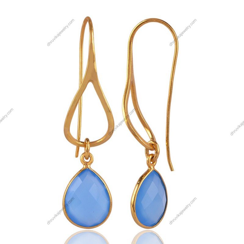 Elegant silver blue chalcedony earrings with gold-plated teardrop design view1