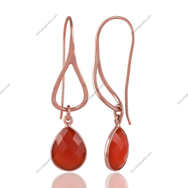 Elegant silver red onyx dangle earrings with teardrop gemstones and sterling silver setting view1