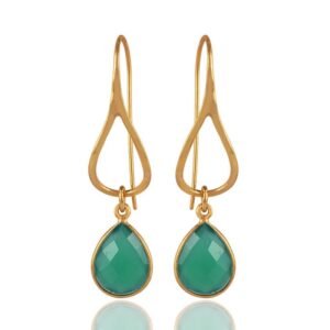 Elegant silver Green Onyx dangle earrings with teardrop-shaped gemstones in gold-plated sterling silver. main view