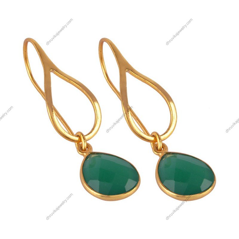 Elegant silver Green Onyx dangle earrings with teardrop-shaped gemstones in gold-plated sterling silver. alternate image