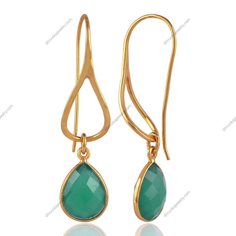 Elegant silver Green Onyx dangle earrings with teardrop-shaped gemstones in gold-plated sterling silver. view1