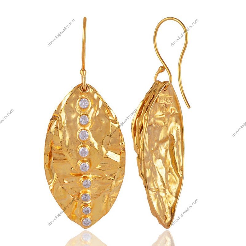Gold-plated silver cubic zirconia drop earrings with hammered texture and sparkling stones view1