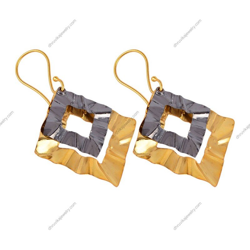 Silver and gold-tone geometric drop earrings with hammered texture and diamond-shaped design alternate image