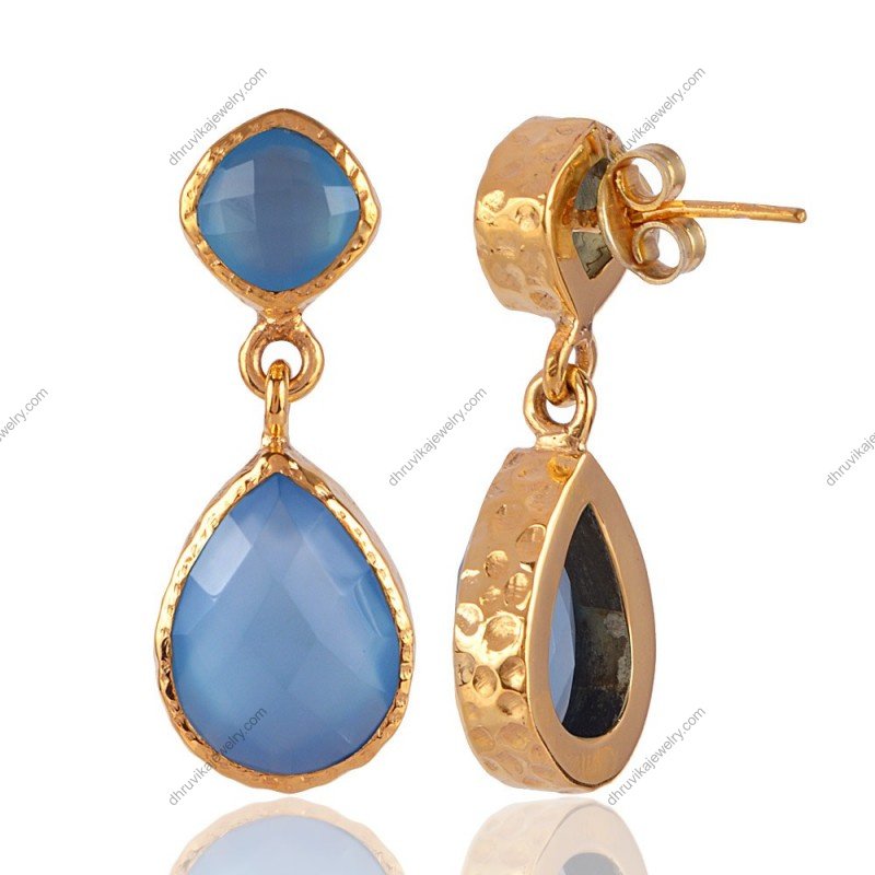 Silver blue chalcedony earrings in gold-plated sterling silver, elegant dangle jewelry view1
