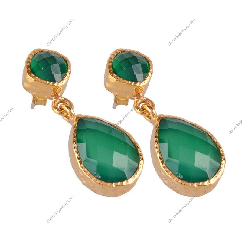 Silver green onyx earrings with gold-plated finish, elegant handcrafted gemstone jewelry alternate image