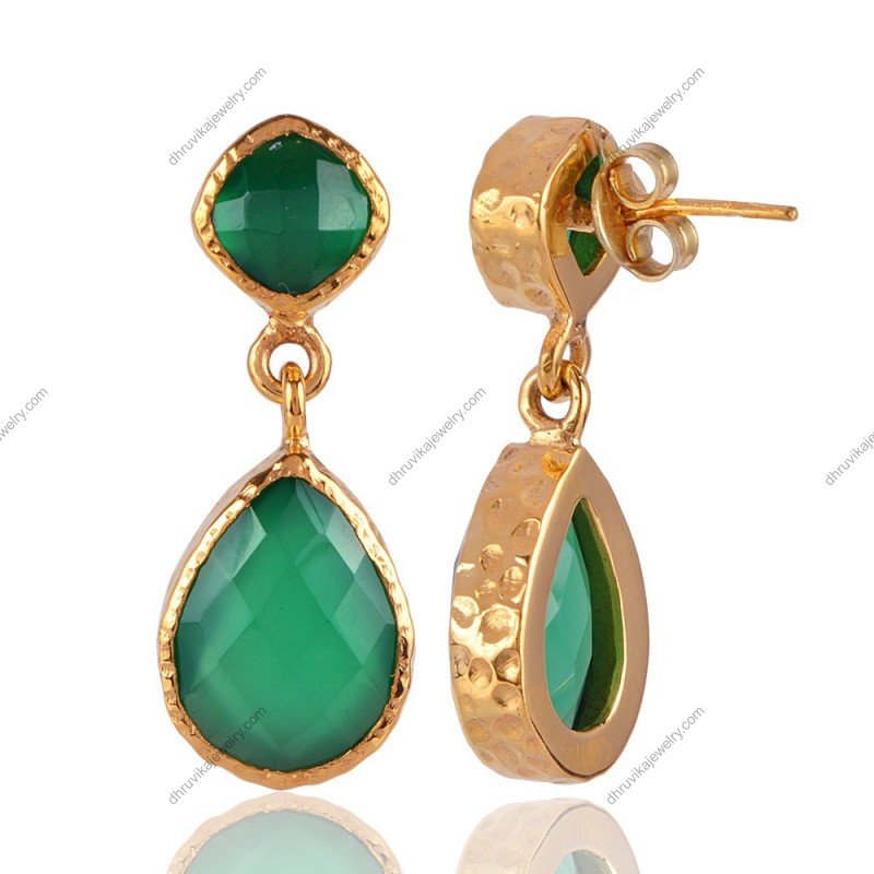 Silver green onyx earrings with gold-plated finish, elegant handcrafted gemstone jewelry view1