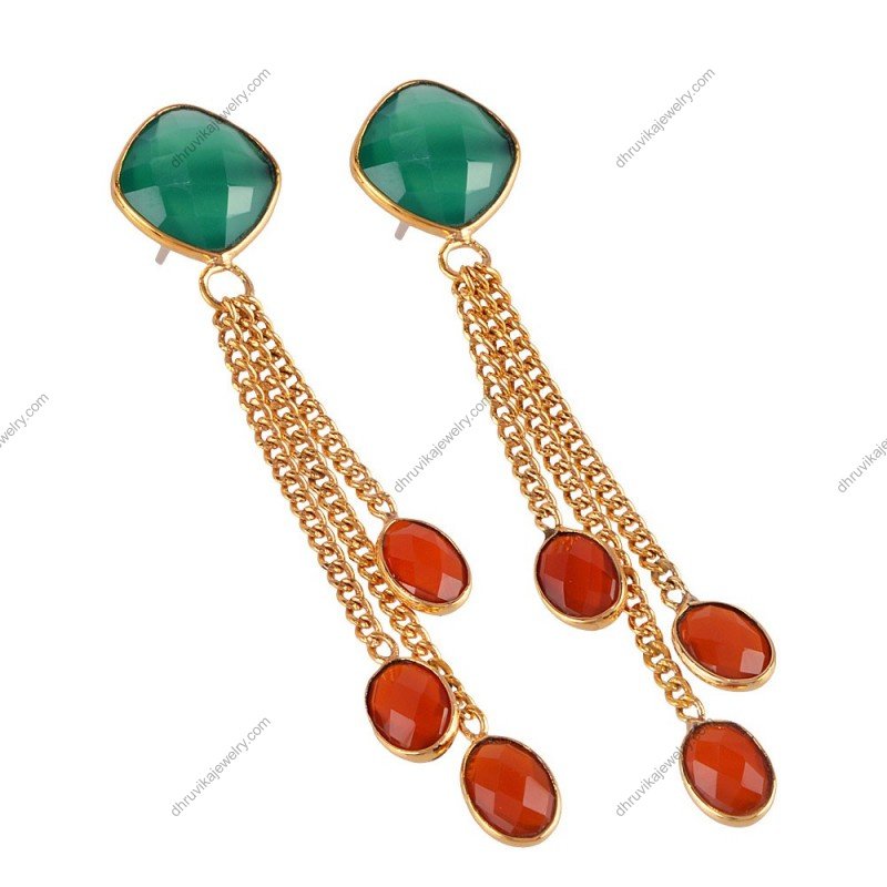 Elegant silver Green Onyx & Red Onyx dangle earrings with gold-plated chains alternate image