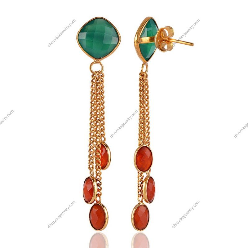 Elegant silver Green Onyx & Red Onyx dangle earrings with gold-plated chains view1