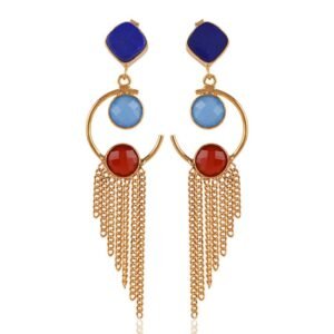 Silver Blue Chalcedony, Lapis, and Red Onyx dangle earrings with fringe chains main view