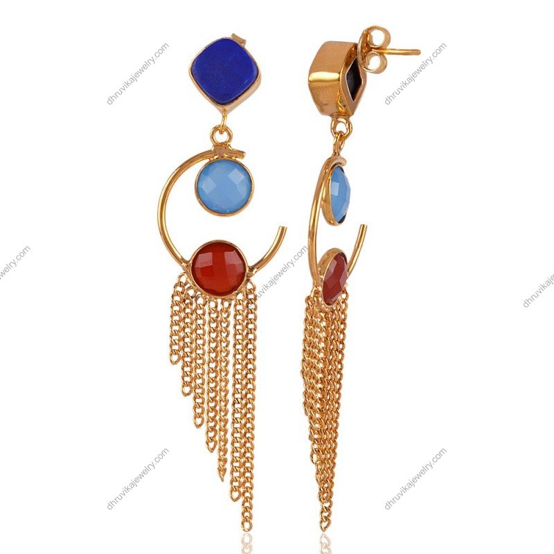 Silver Blue Chalcedony, Lapis, and Red Onyx dangle earrings with fringe chains view1