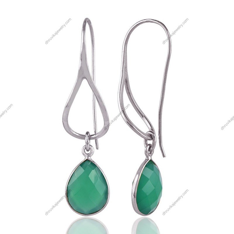 Elegant silver green onyx dangle earrings with teardrop gemstone in sterling silver frame view1