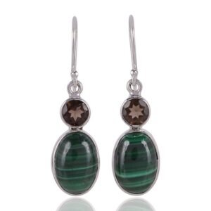 Silver malachite and smoky quartz earrings in sterling silver, elegant gemstone drop jewelry main view