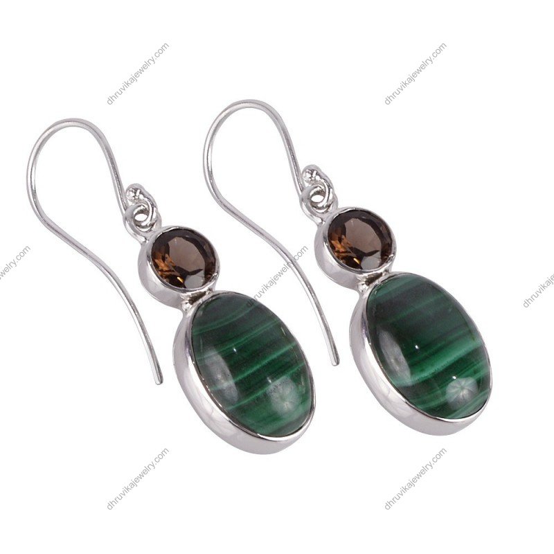 Silver malachite and smoky quartz earrings in sterling silver, elegant gemstone drop jewelry view1