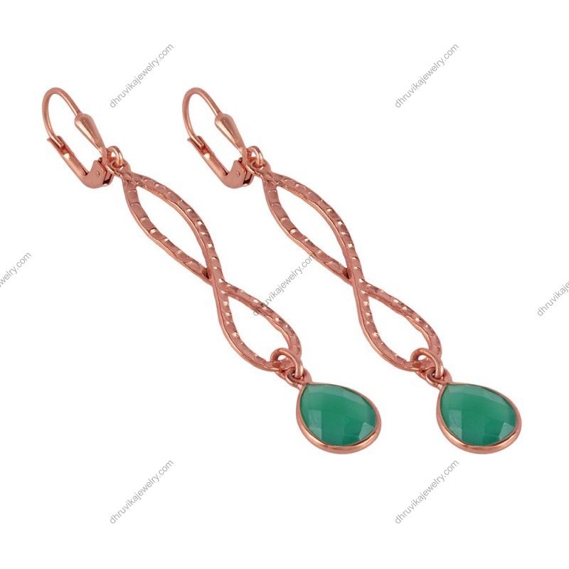 Silver green onyx dangle earrings with infinity design in rose gold alternate image