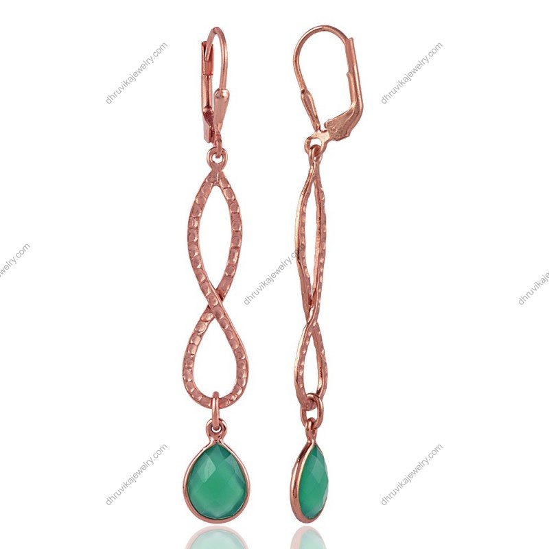 Silver green onyx dangle earrings with infinity design in rose gold view1