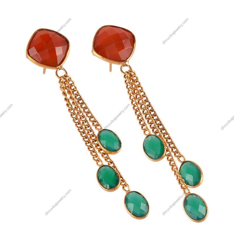 Silver green onyx & red onyx dangle earrings with gold-plated chains and gemstone drops alternate image