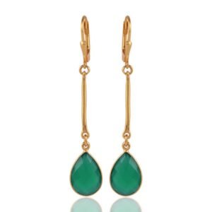 Silver Green Onyx dangle earrings with teardrop gemstone and leverback closure main view