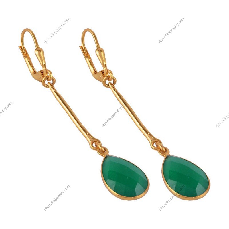 Silver Green Onyx dangle earrings with teardrop gemstone and leverback closure alternate image