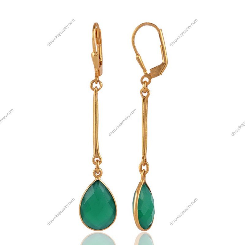 Silver Green Onyx dangle earrings with teardrop gemstone and leverback closure view1