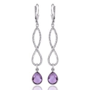 Silver amethyst dangle earrings with infinity design and teardrop gemstone drop main view