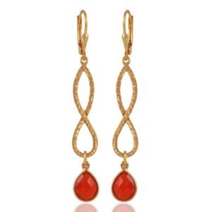 Gold infinity drop earrings with red gemstone, elegant and timeless jewelry piece. main view