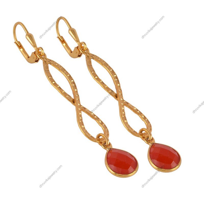 Gold infinity drop earrings with red gemstone, elegant and timeless jewelry piece. alternate image