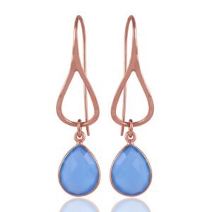 Rose gold dangle earrings with blue chalcedony teardrop gemstone main view