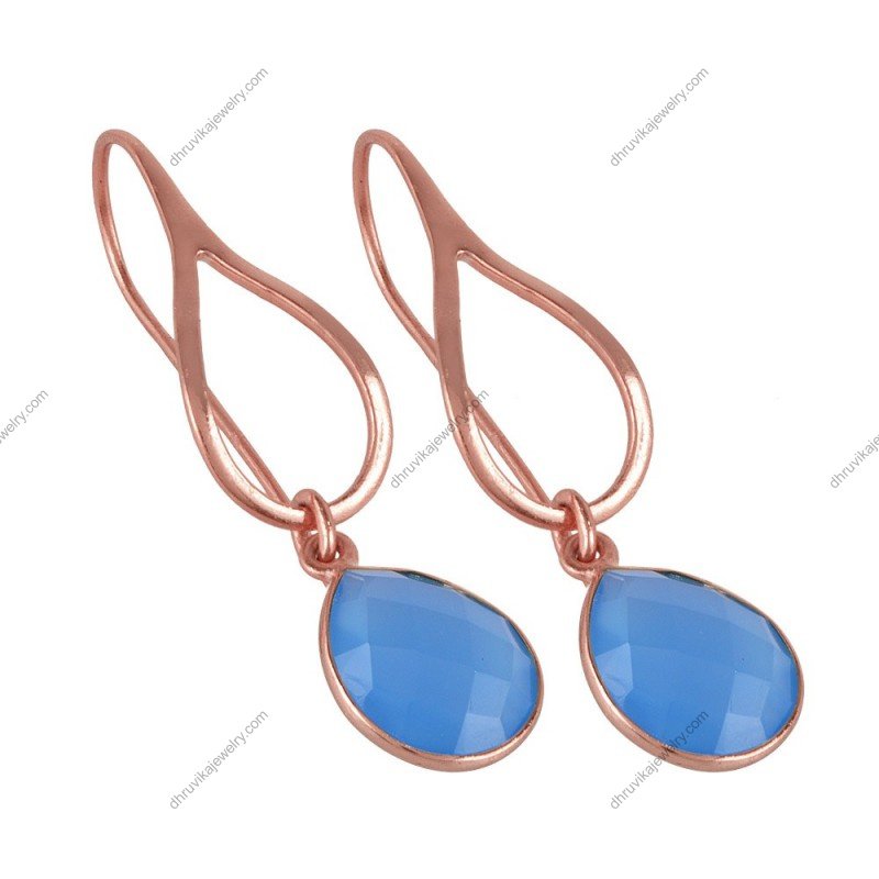 Rose gold dangle earrings with blue chalcedony teardrop gemstone alternate image