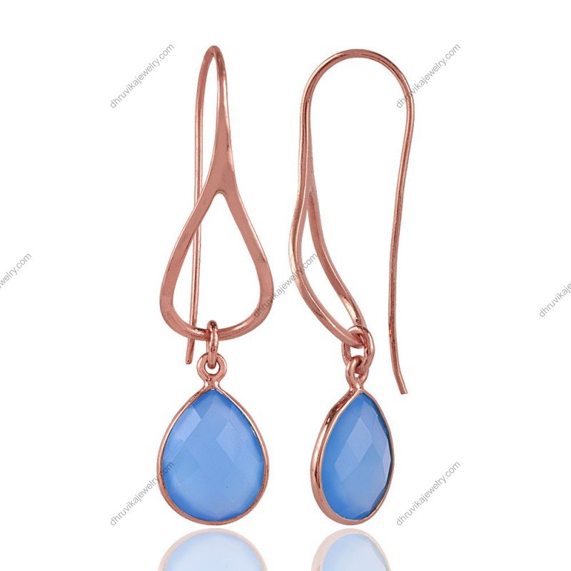 Rose gold dangle earrings with blue chalcedony teardrop gemstone view1