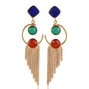 Gold-plated dangle earrings with multicolor gemstones and cascading fringe chains main view