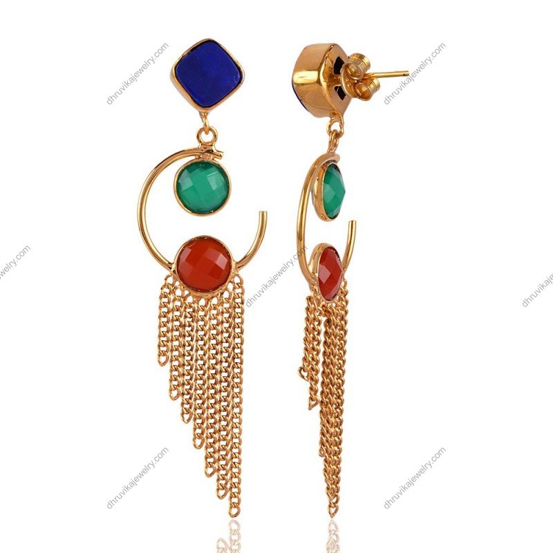 Gold-plated dangle earrings with multicolor gemstones and cascading fringe chains view1
