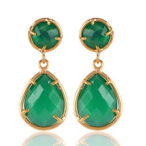 Gold-plated green onyx dangle earrings with teardrop design, elegant gemstone jewelry main view