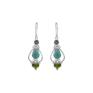 Elegant silver dangle earrings with green gemstones and intricate filigree detailing main view