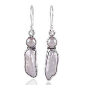 Handmade silver pearl dangle earrings with freshwater pearls in sterling silver main view