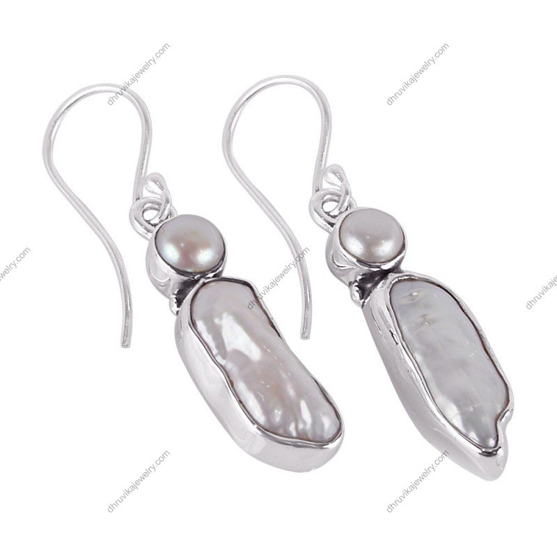 Handmade silver pearl dangle earrings with freshwater pearls in sterling silver alternate image