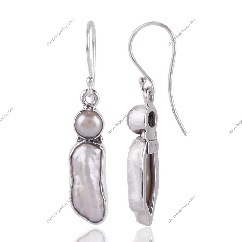 Handmade silver pearl dangle earrings with freshwater pearls in sterling silver view1