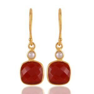 Gold-plated dangle earrings with faceted carnelian and pearl accents, elegant gemstone jewelry main view