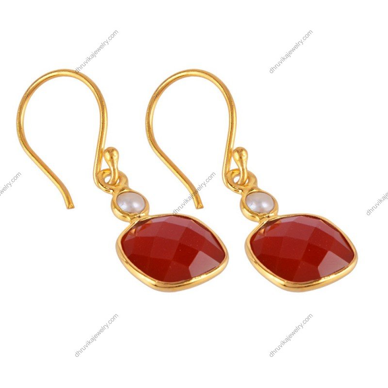 Gold-plated dangle earrings with faceted carnelian and pearl accents, elegant gemstone jewelry alternate image