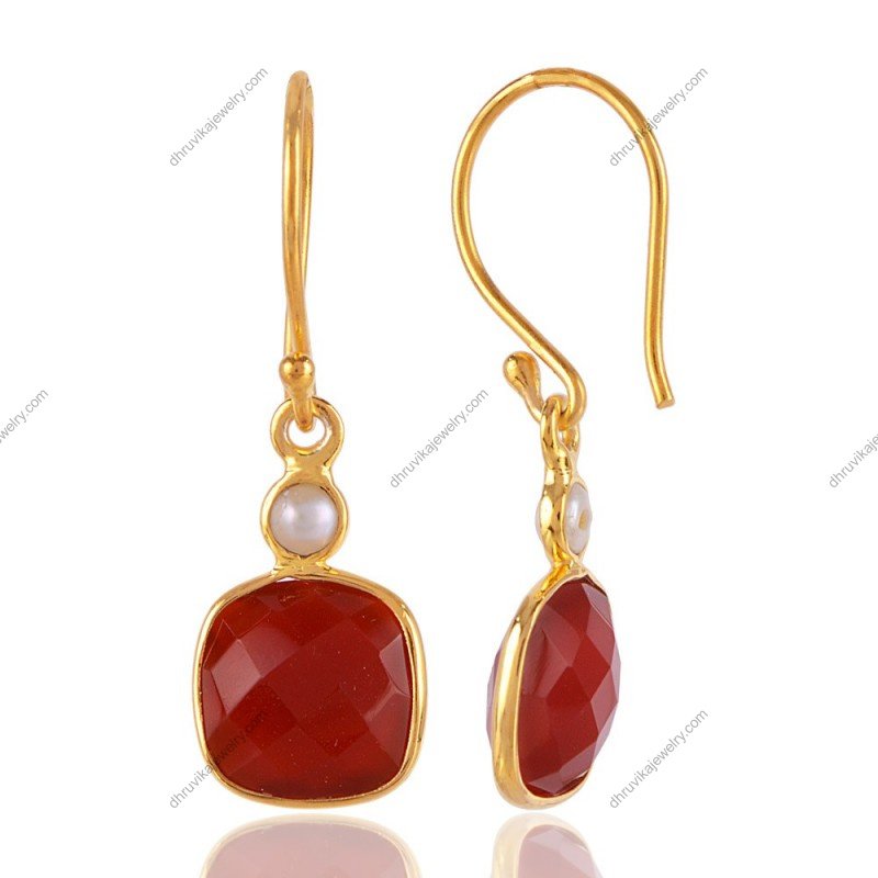 Gold-plated dangle earrings with faceted carnelian and pearl accents, elegant gemstone jewelry view1