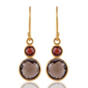 Smoky quartz and garnet dangle earrings in gold-plated silver with faceted gemstones main view