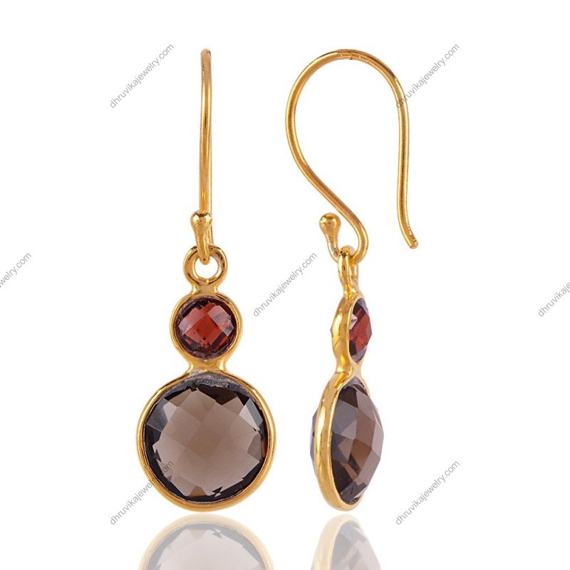 Smoky quartz and garnet dangle earrings in gold-plated silver with faceted gemstones view1